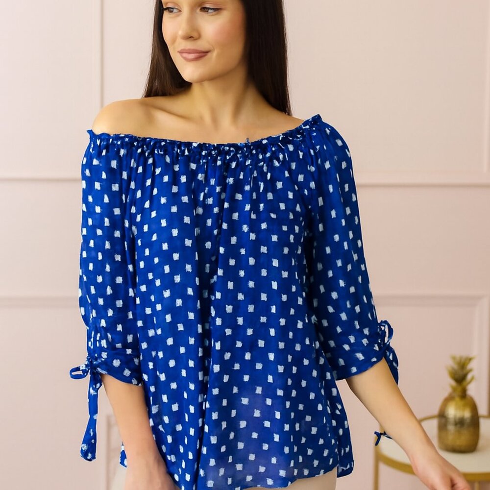 A.N.A. Women SM Navy & White Geometric Elastic Neck Band Tie Sleeves Flowy‎ Boho